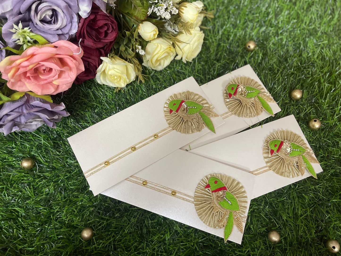 . Cream & Gold Beaded Parrot Envelope