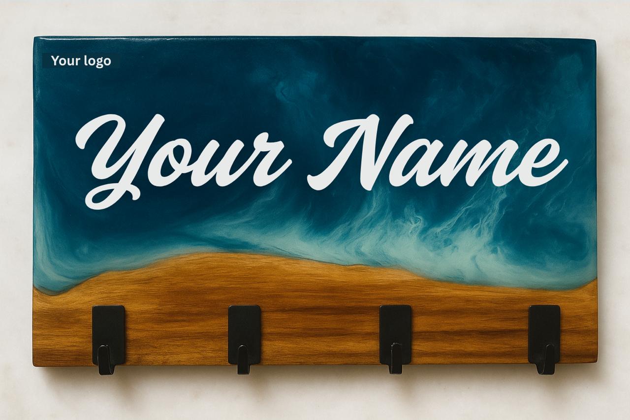 Blue Wavy Resin & Wood Keyholder