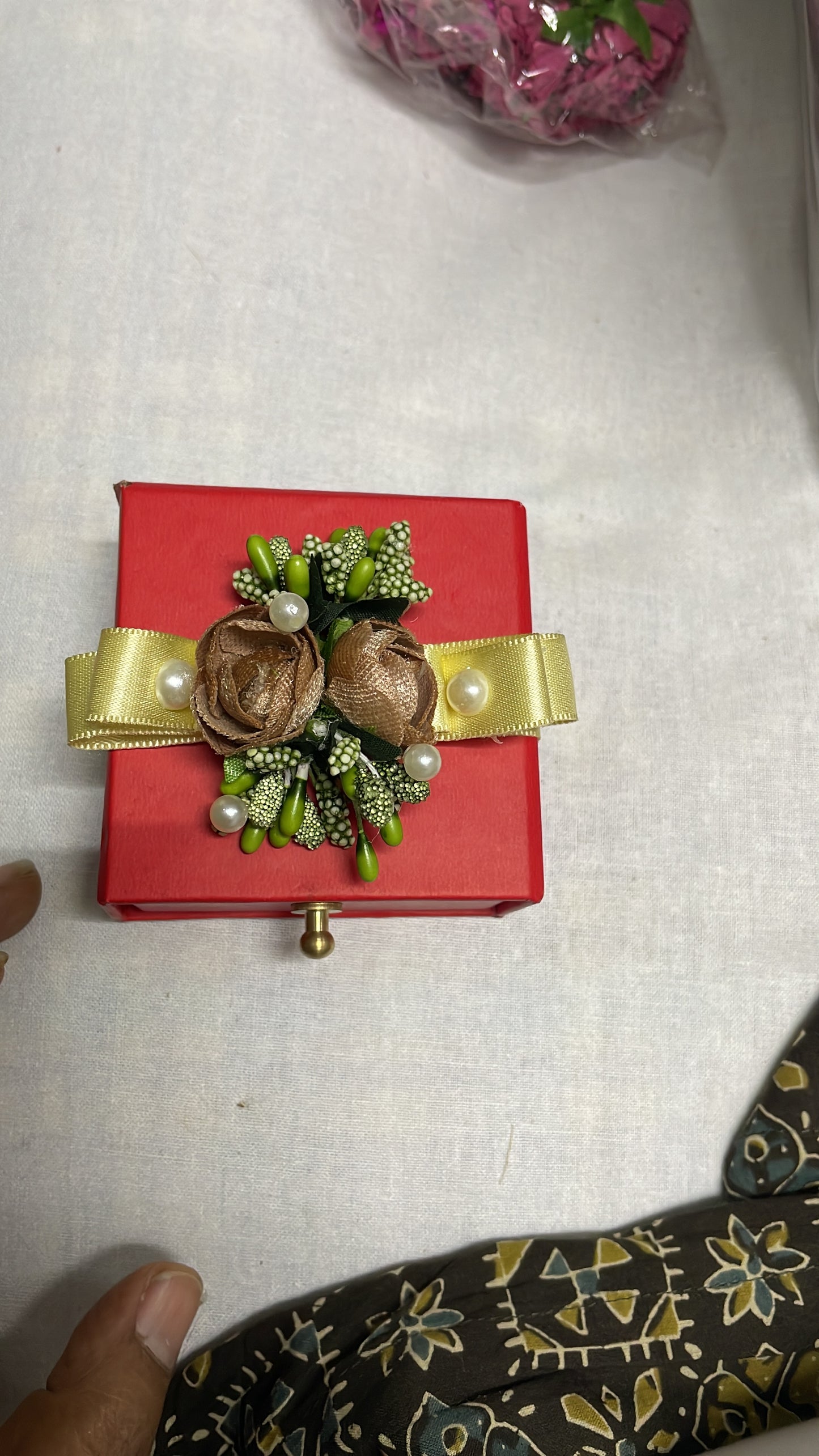 Ruby Red Drawer Box with Mocha Rose & Pearl Strap