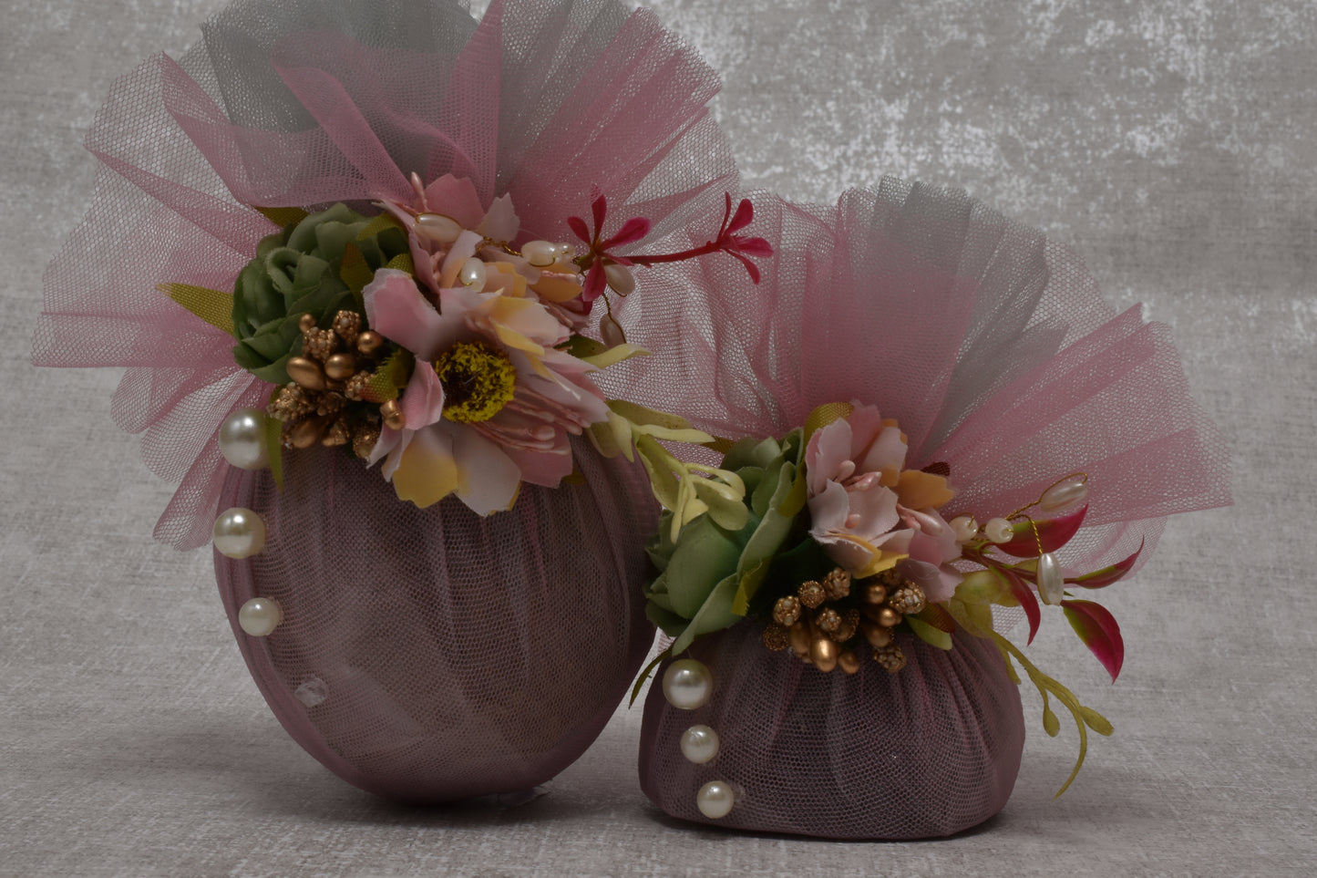 Pink & Grey Tulle Pearl Gut Nariyal Set