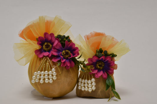 Mustard & Magenta Pearl Tassel Gut Nariyal Set