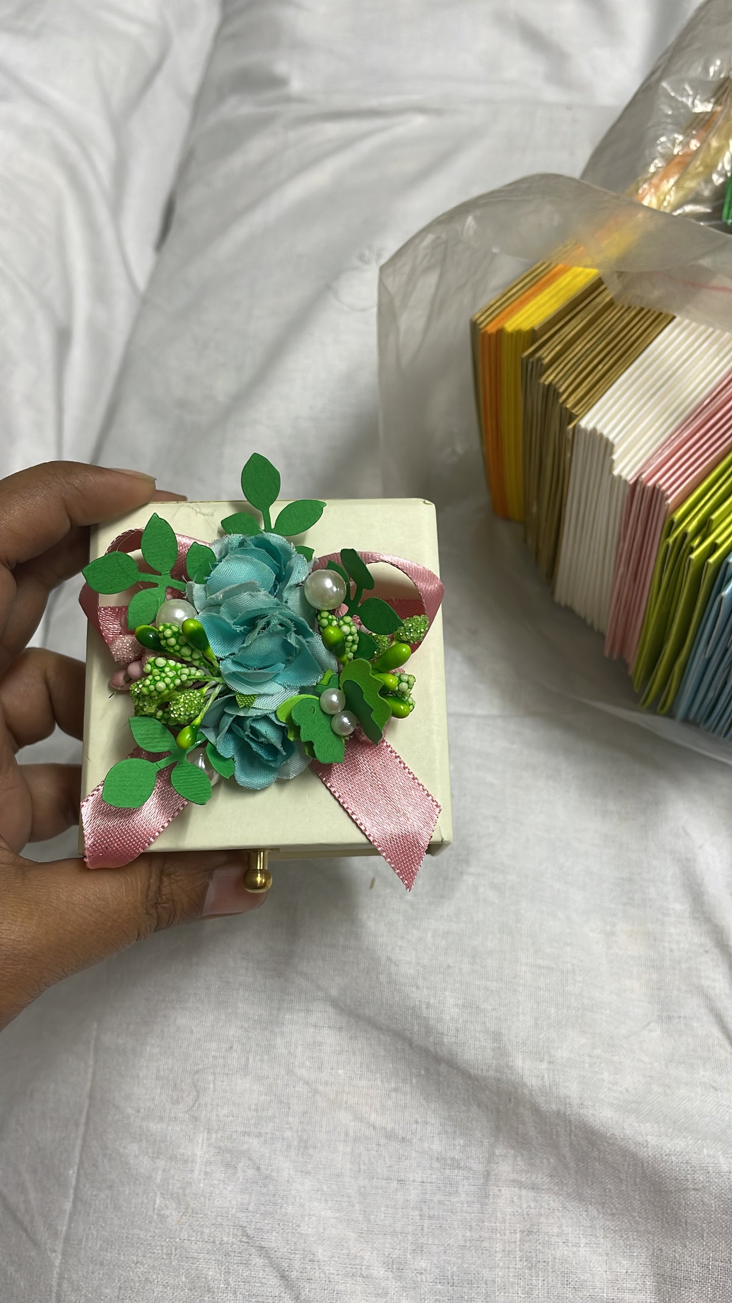 Small Drawer Gift Box with Aqua Rose & Pink Ribbon